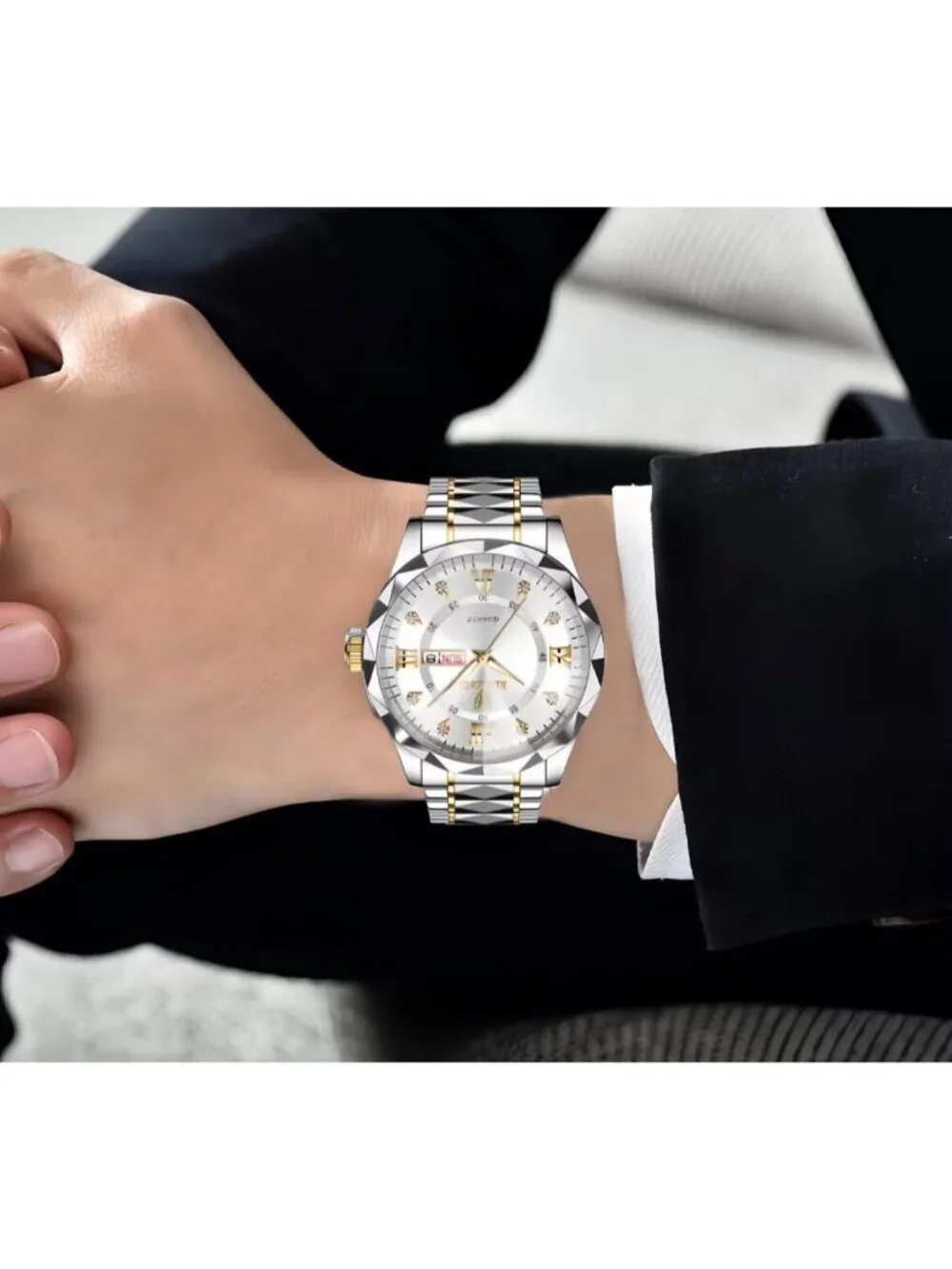 Unisex Silver White Analog Stainless Steel Roman Numeral Diamond Luxury Watch
